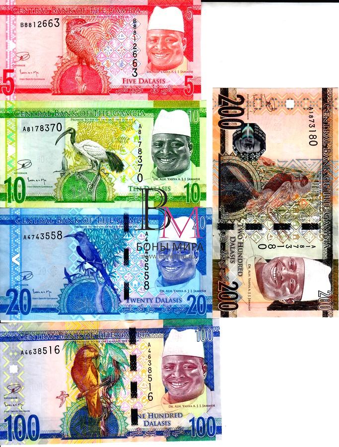 Гамбия  набор банкнот 5 10  20 100 и 200 даласи 2015 UNC