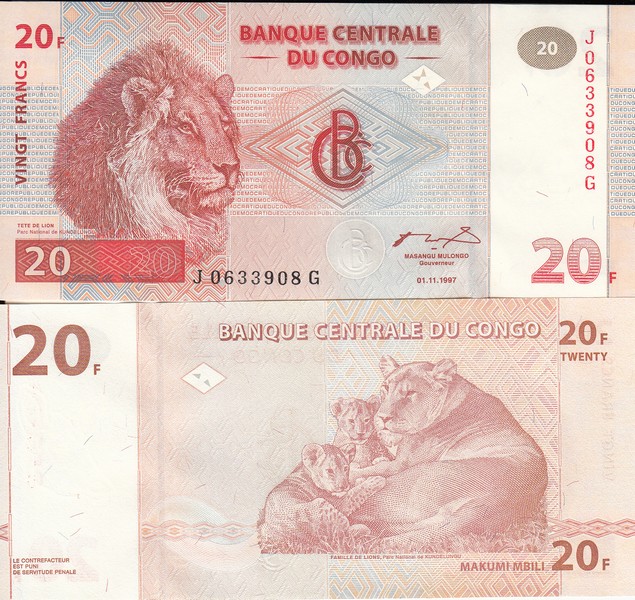 Конго Банкнота 20 франков 1997 UNC