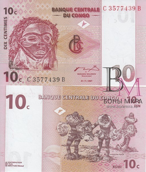 Конго Банкнота 10 сентим 1997 UNC