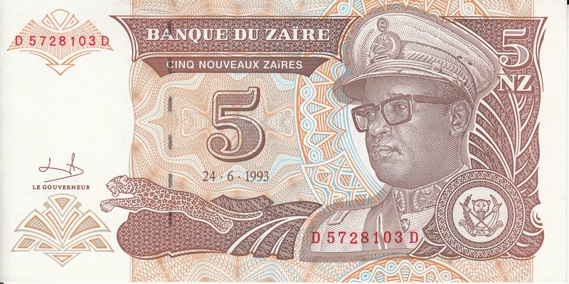 Заир  Банкнота 5 макут 1993  UNC