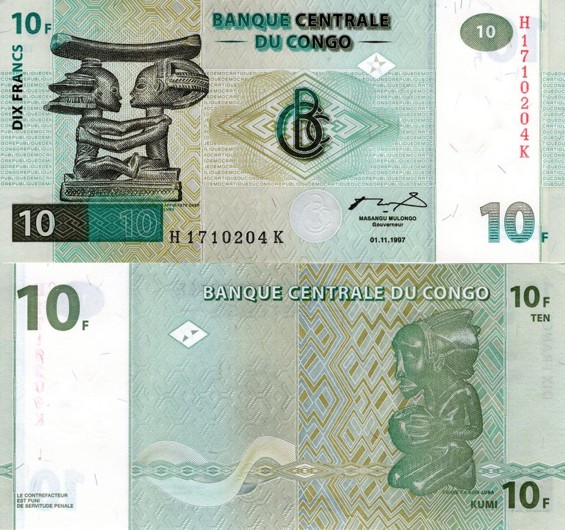 Конго Банкнота 10 франков 1997 UNC