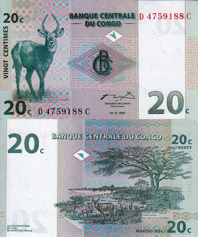 Конго Банкнота 20 сентим 1997 UNC