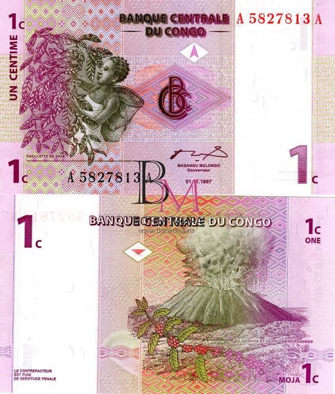 Конго Банкнота 1 сентим 1997 UNC