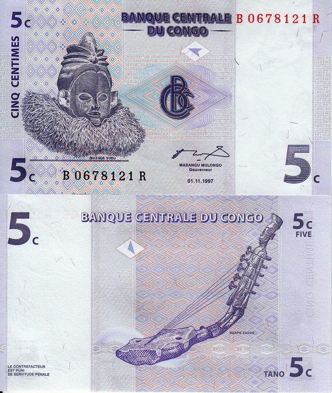 Конго Банкнота 5 сентим 1997 UNC