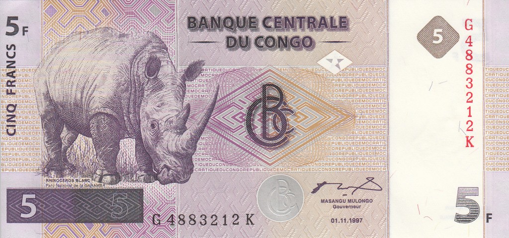 Конго Банкнота 5 франков 1997 UNC 