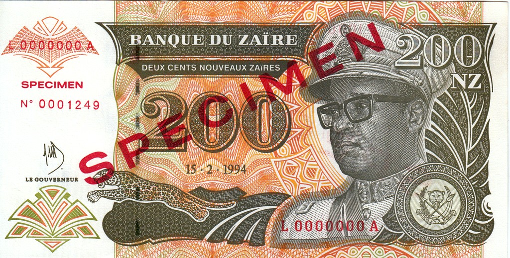 Заир Банкнота 200 новых заиров 1994 UNC Образец с номером