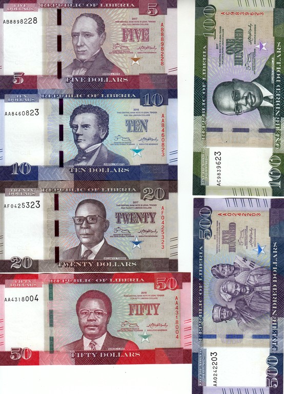Либерия набор Банкнот 5,10,20,50,100 и 500 долларов UNC 