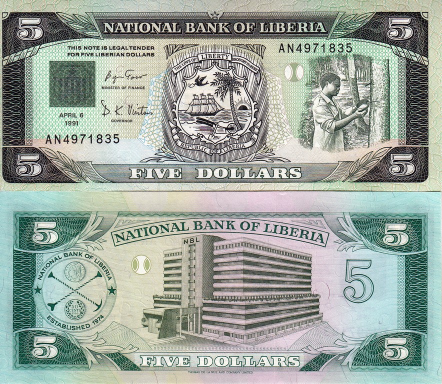 Либерия Банкнота 5 долларов 1991 UNC 