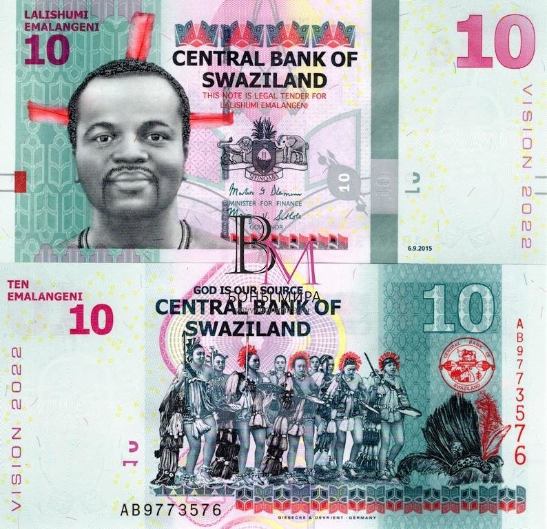 Свазиленд Банкнота 10 лилангени 2015 UNC Юбилейная
