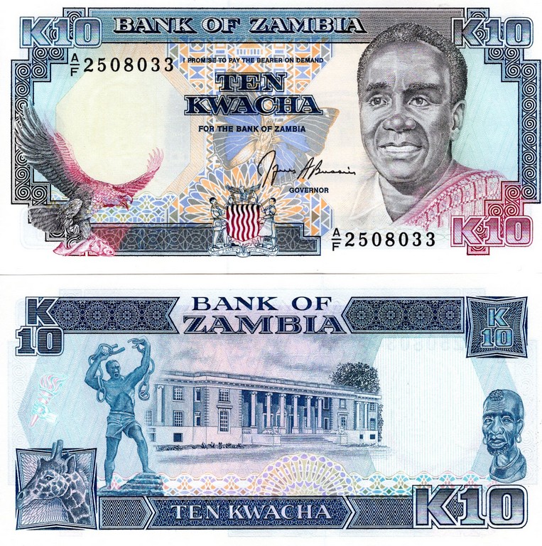 Замбия Банкнота 10 квач 1989-91 UNC