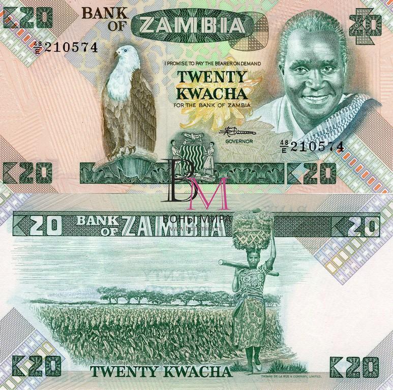 Замбия Банкнота 20 квача 1980-88 UNC 