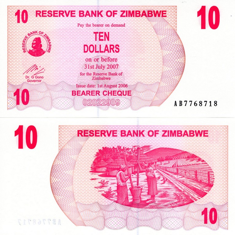Зимбабве Банкнота 10 долларов 2006 UNC