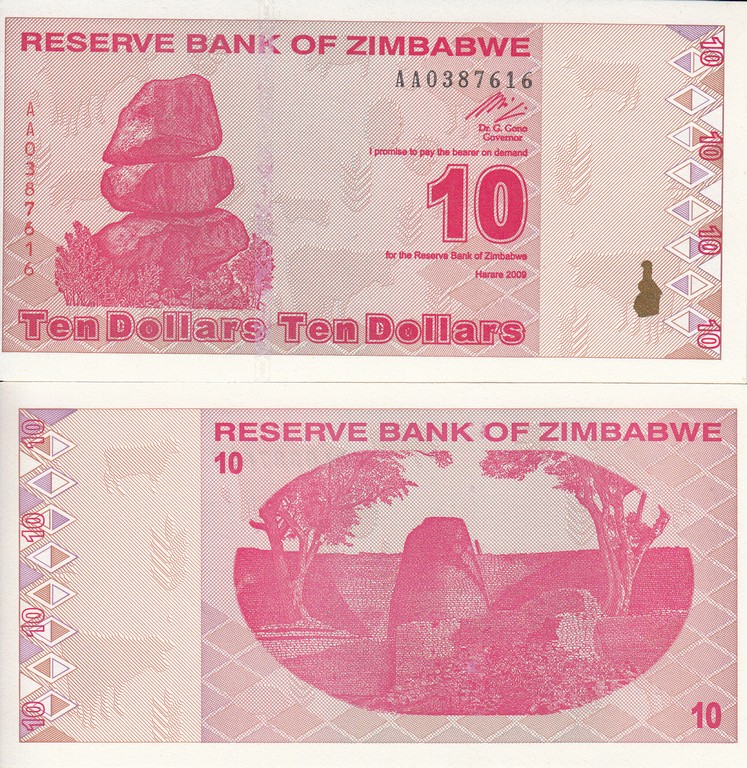 Зимбабве Банкнота 10 долларов 2009 UNC