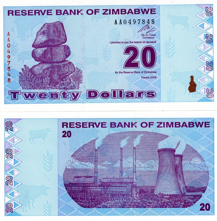 Зимбабве Банкнота 20 долларов 2009 UNC