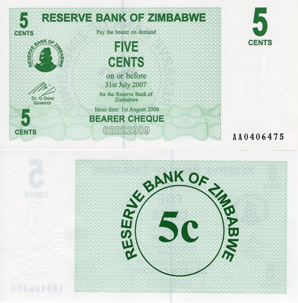 Зимбабве Банкнота 5 центов 2006 UNC