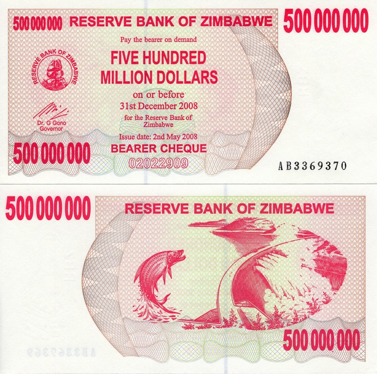 Зимбабве Банкнота 500 000 000 долларов 2008 UNC
