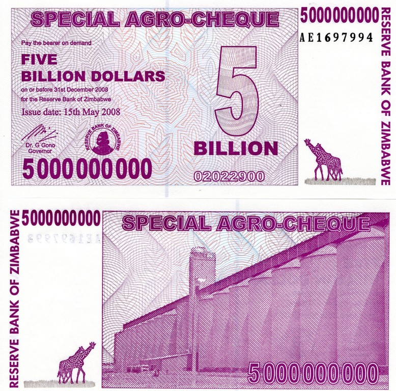 Зимбабве Банкнота 5 000000000 долларов 2008 UNC