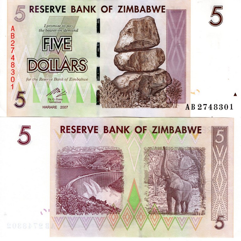 Зимбабве Банкнота 5 Доллар 2007 UNC