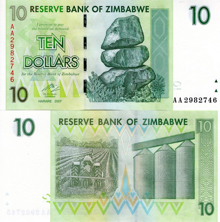 Зимбабве Банкнота 10 долларов 2007 UNC