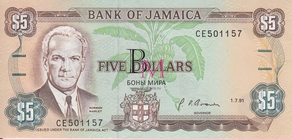 Ямайка банкнота 5 доллара 1991 UNC