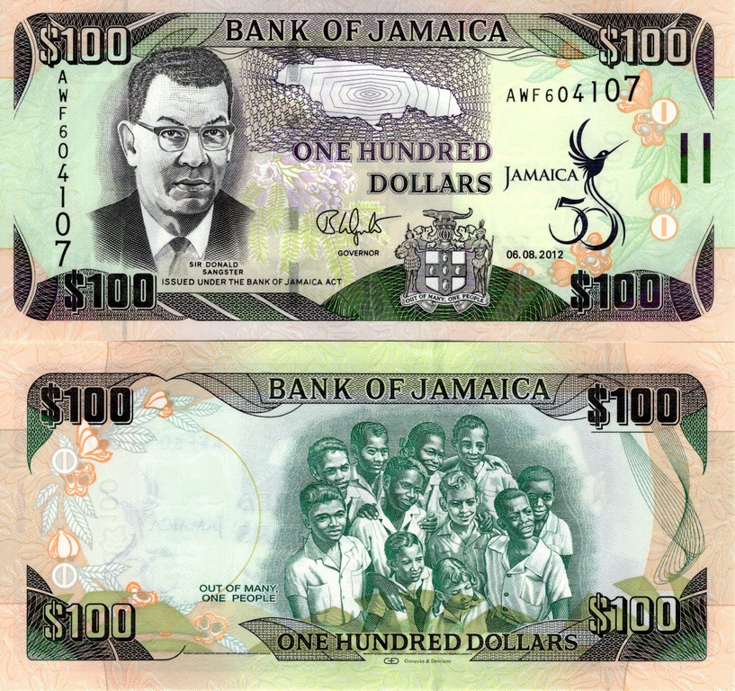 Ямайка банкнота 100  долларов 2012 UNC 50 лет независимости Ямайки