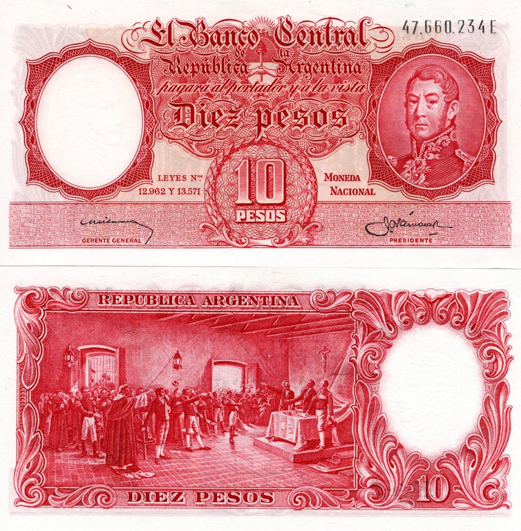 Аргентина Банкнота  10 песо 1954-63 UNC Подпись 2 по типу GG+Presidente 