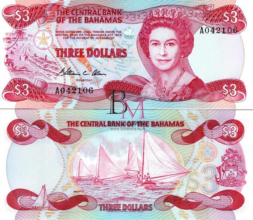 Багамские остров Банкнота 3 доллар 1984 UNC 