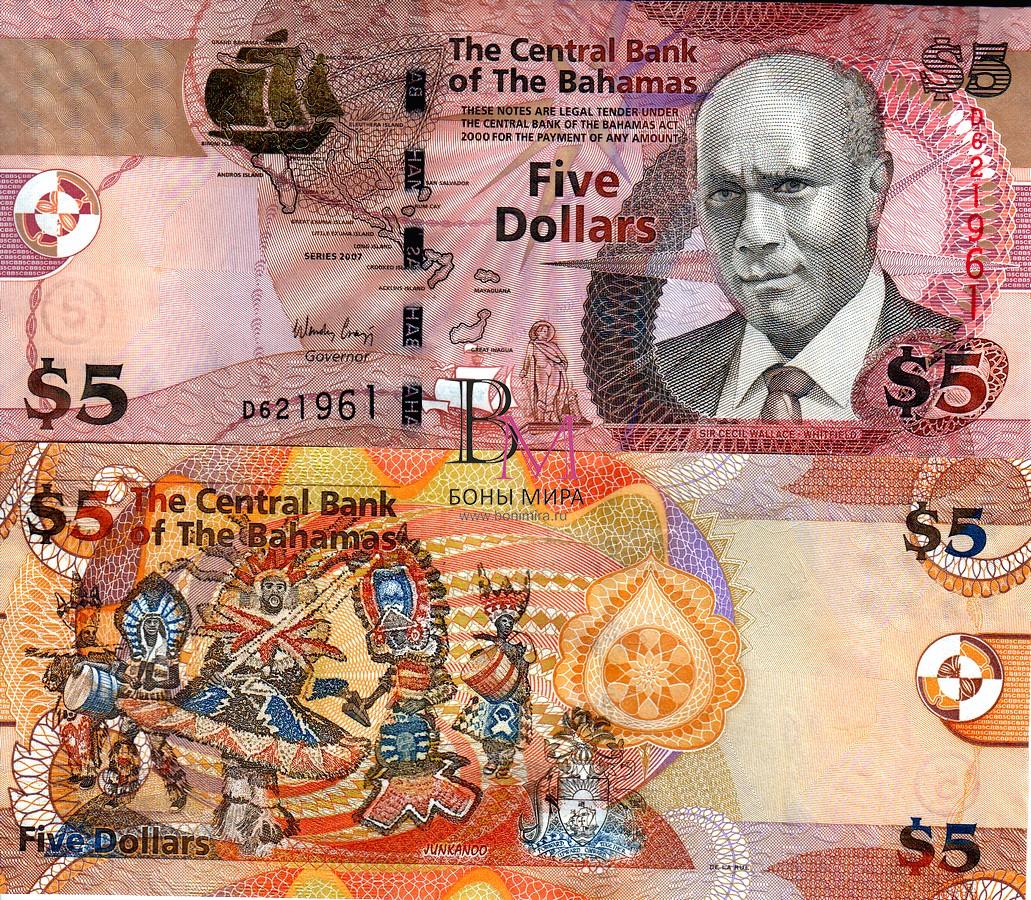 Багамские остров Банкнота 5 долларов 2007 UNC  P72