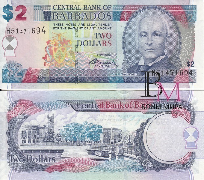 Барбадос Банкнота 2 доллара 2007 P66b UNC Подпись