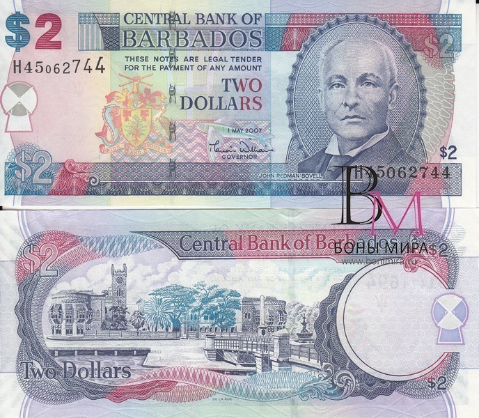 Барбадос Банкнота 2 доллара 2007 P66а UNC Подпись