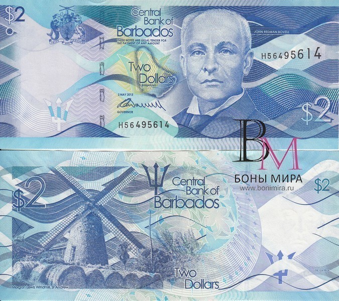 Барбадос Банкнота 2 доллара 2013 UNC