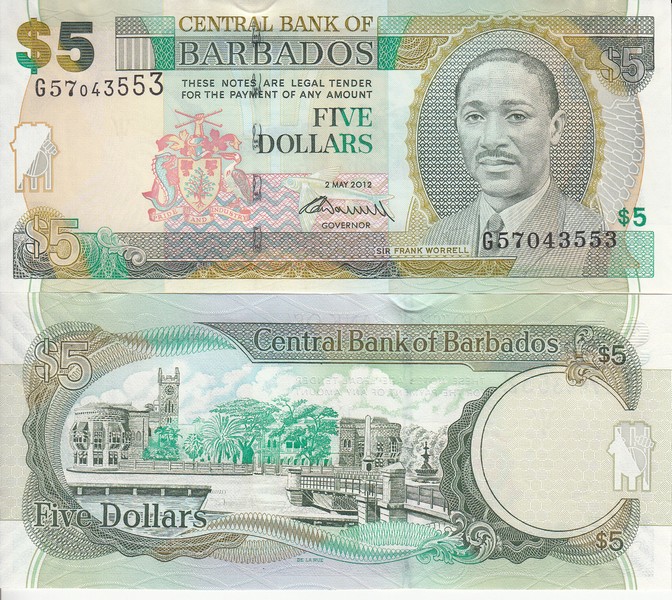Барбадос Банкнота 5 доллара 2012 UNC