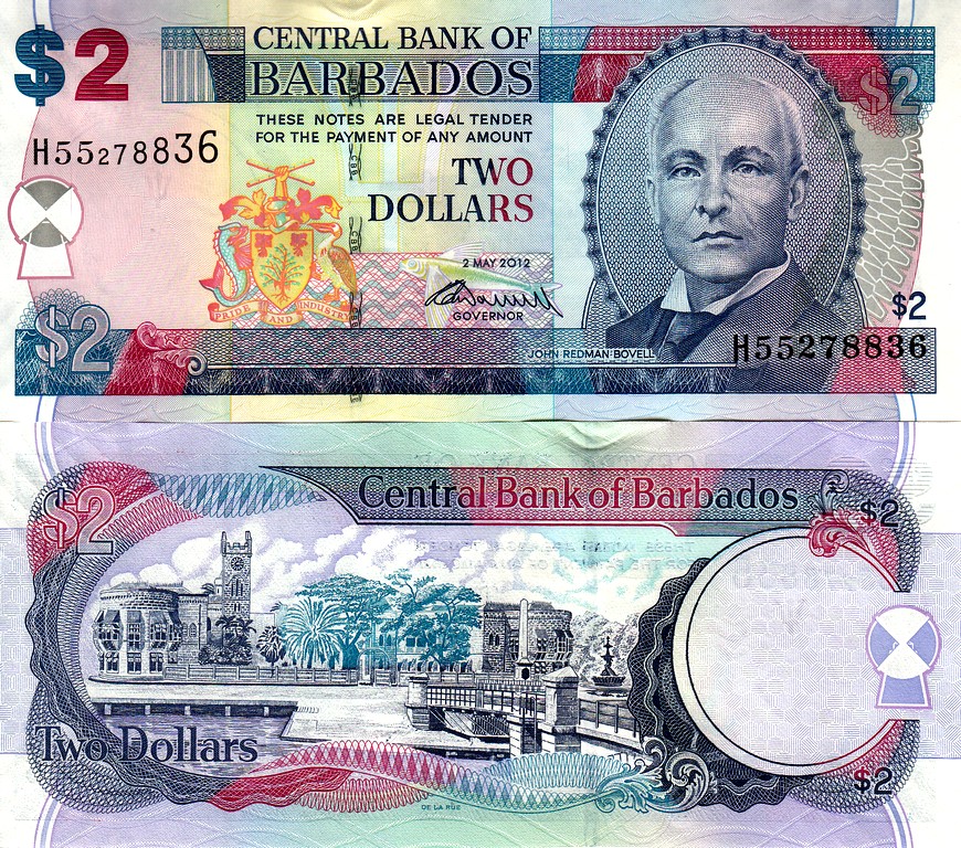 Барбадос Банкнота 2 доллара 2012 UNC Подпись