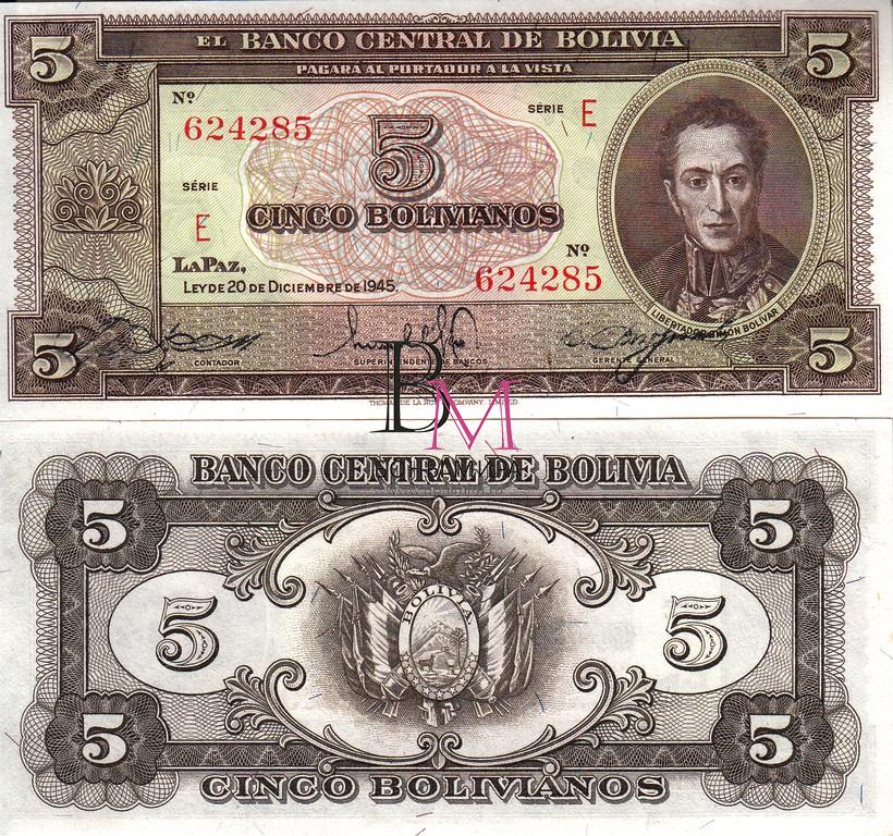 Боливия Банкнота 5 цинко боливианос 1945 UNC P138-a Подпись