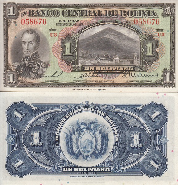 Боливия Банкнота  1 боливиано 1928 UNC 
