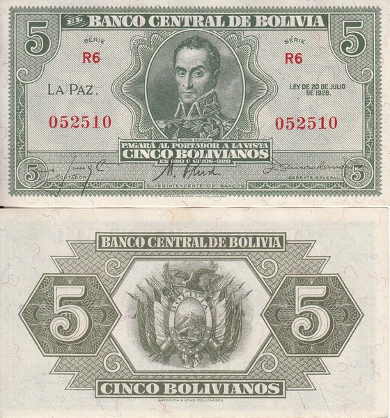 Боливия Банкнота 5 песо боливиано 1928  UNC