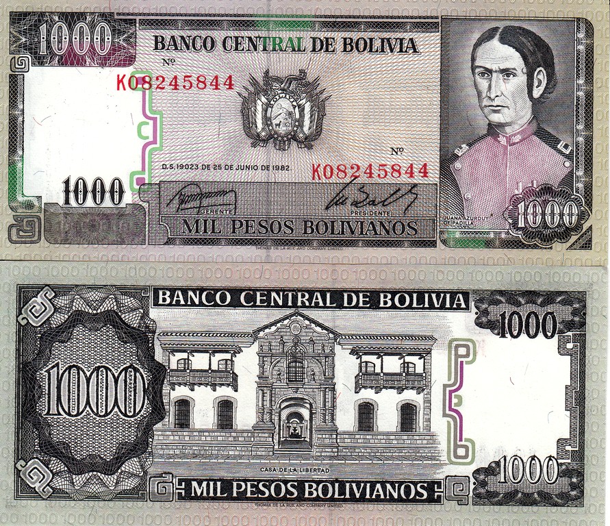 Боливия Банкнота 1000 песо боливиано 1982 UNC