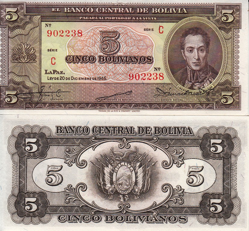 Боливия Банкнота 5 цинко боливианос 1945 UNC P138-a