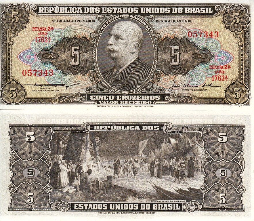 Бразилия Банкнота 5 крузейро 1953 - 59 UNC П-158