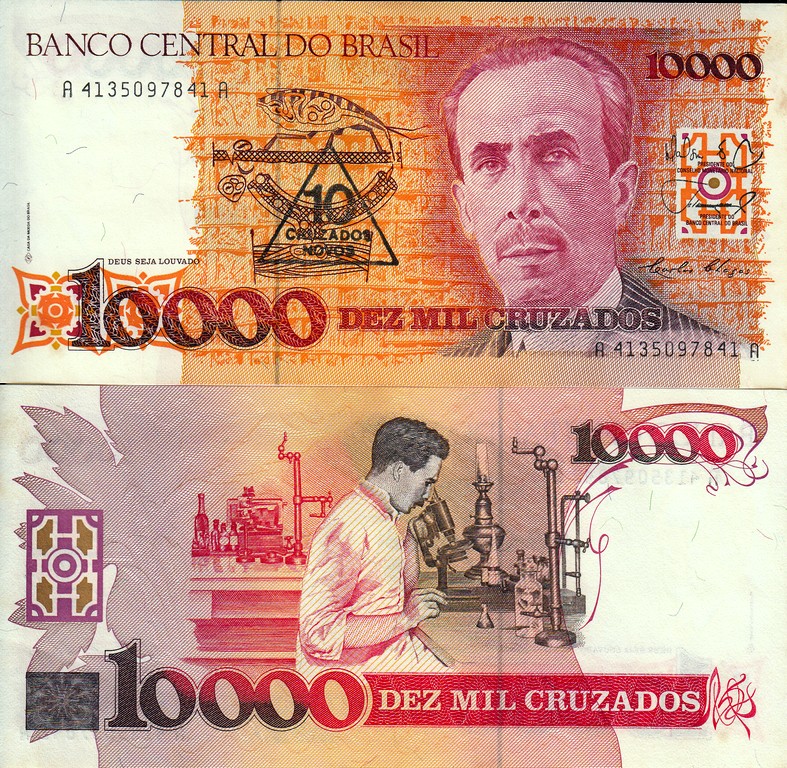 Бразилия Банкнота 10 новых крузадо 1989 - 90  на 10000 крузадо 1989 UNC/aUNC Подпись