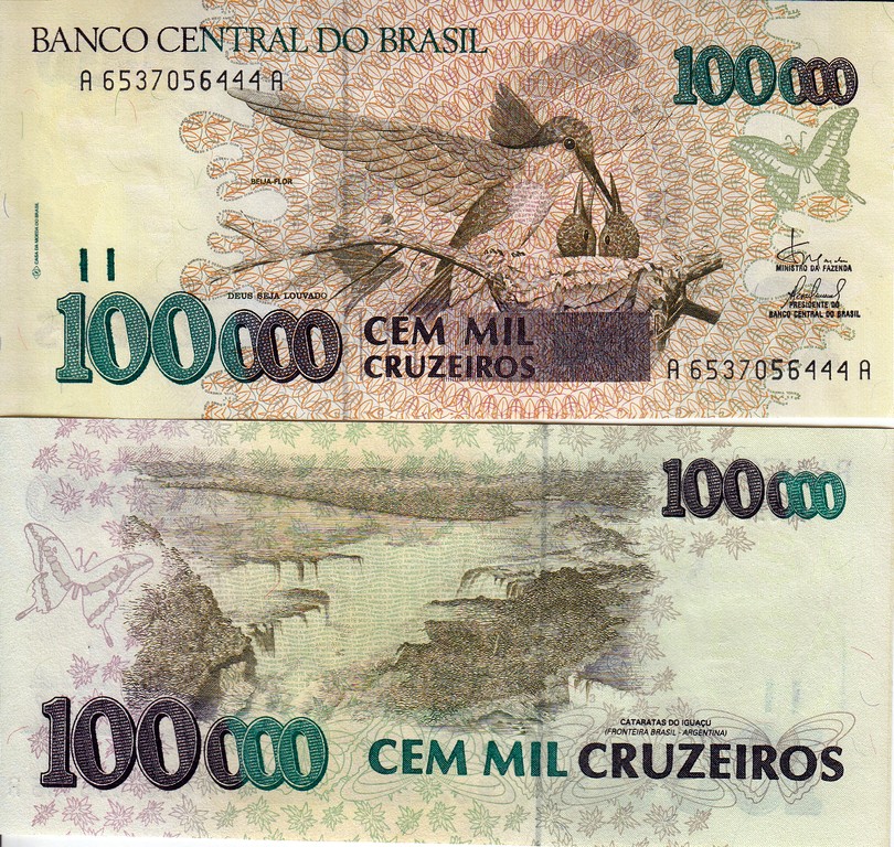 Бразилия Банкнота 100000 крузейро 1992-93 UNC Подпись