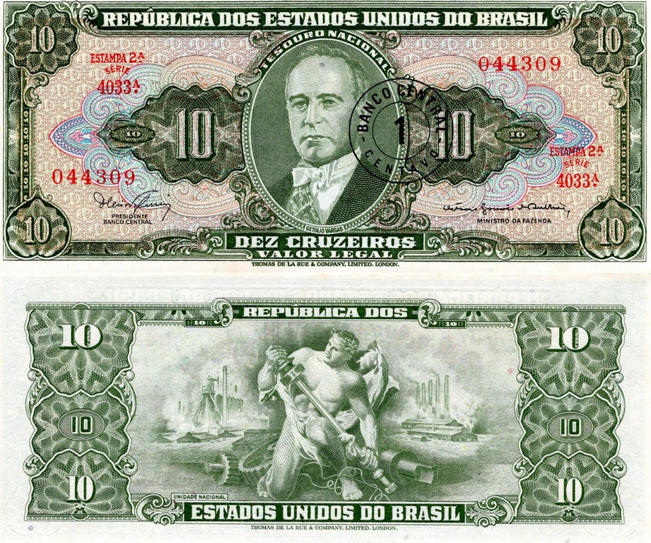 Бразилия Банкнота 1 центаво 1966-67  на 10 крузейро 1962 UNC