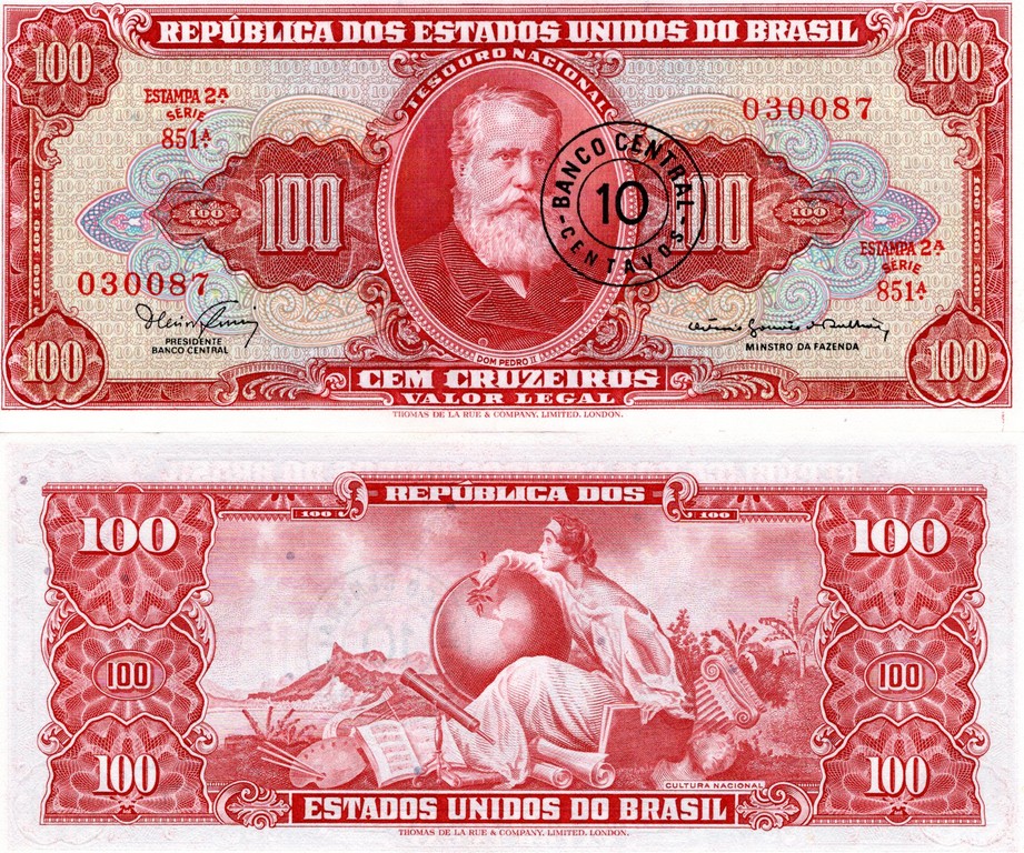 Бразилия Банкнота 10 центаво 1966-67 на 100 крузейро 1963 UNC