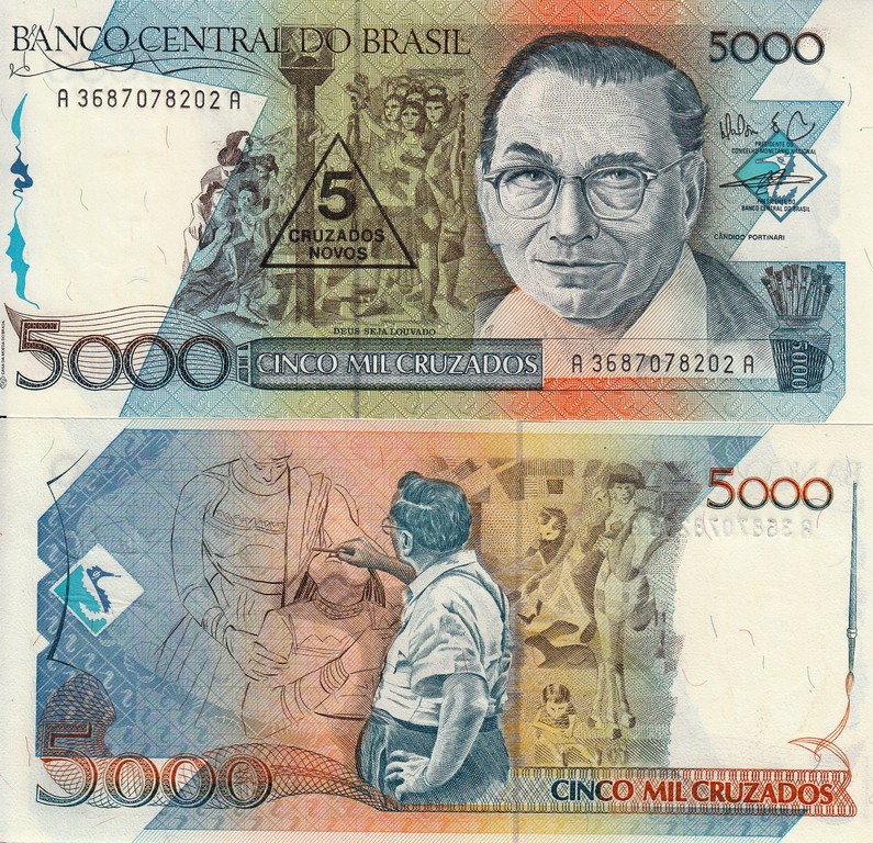 Бразилия Банкнота 5 новых крузадо 1989 на 5000 крузадо 1988 UNC Подпись