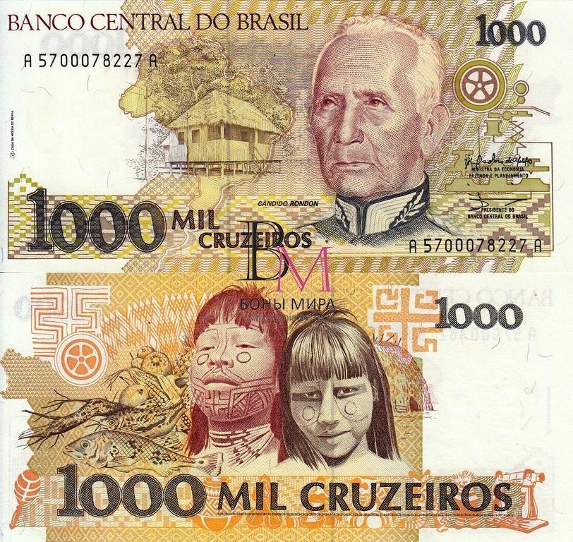 Бразилия Банкнота 1000 крузейро 1990 UNC Подпись 28