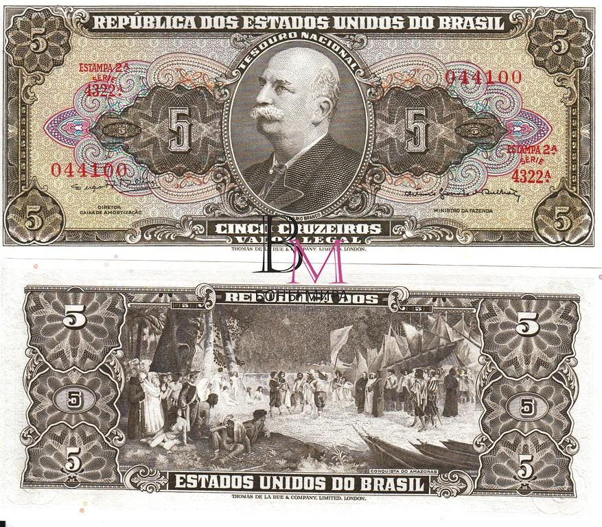 Бразилия Банкнота 5 крузейро 1964 UNC P176c 