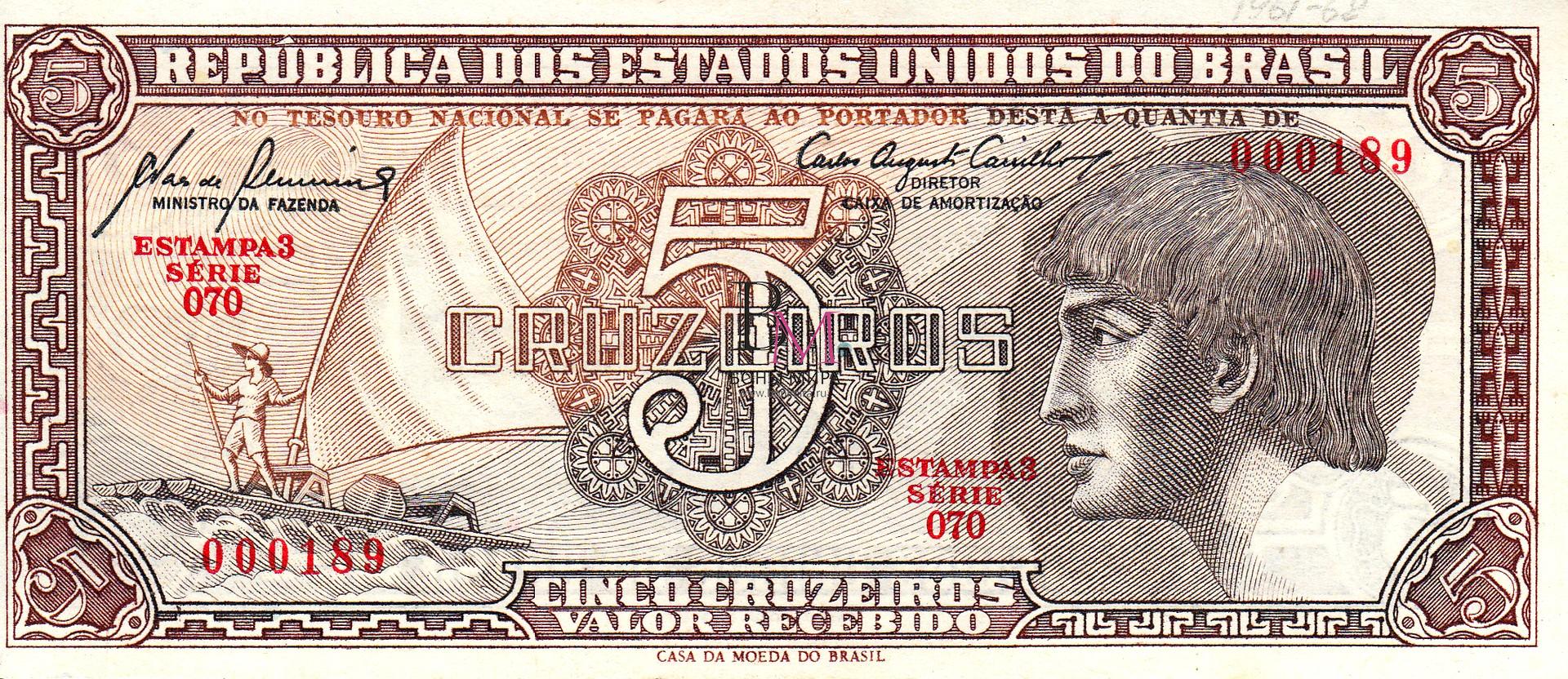 Бразилия Банкнота 5 крузейро 1961 UNC P-166a
