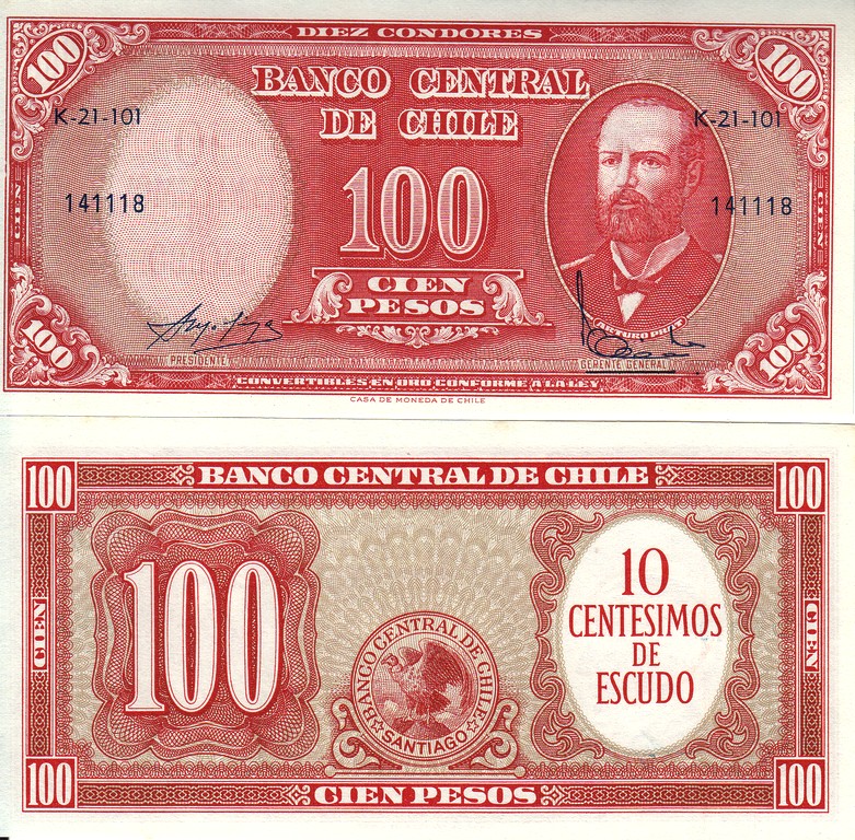 Чили Банкнота  100 песо 1960 UNC P127a "Надпечатка 10 сантимов" 