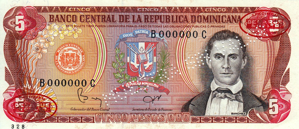 Доминикана Банкнота 5 песо  1978-88  UNC Образец Вариант 1