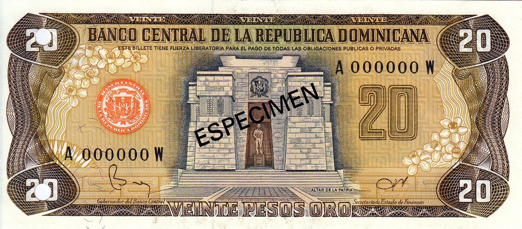Доминикана Банкнота 20 песо оро 1982 UNC P120-S1 Образец
